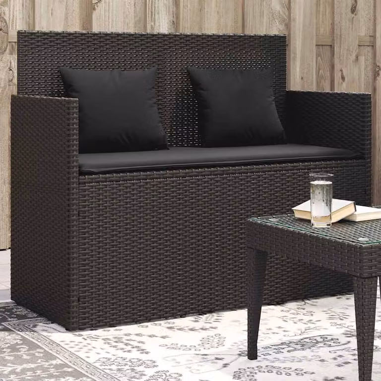 vidaXL Panca da Giardino Moderna in Polyrattan Nera con Cuscini e Braccioli L: 120 cm, H: 90,5 cm, P: 50 cm