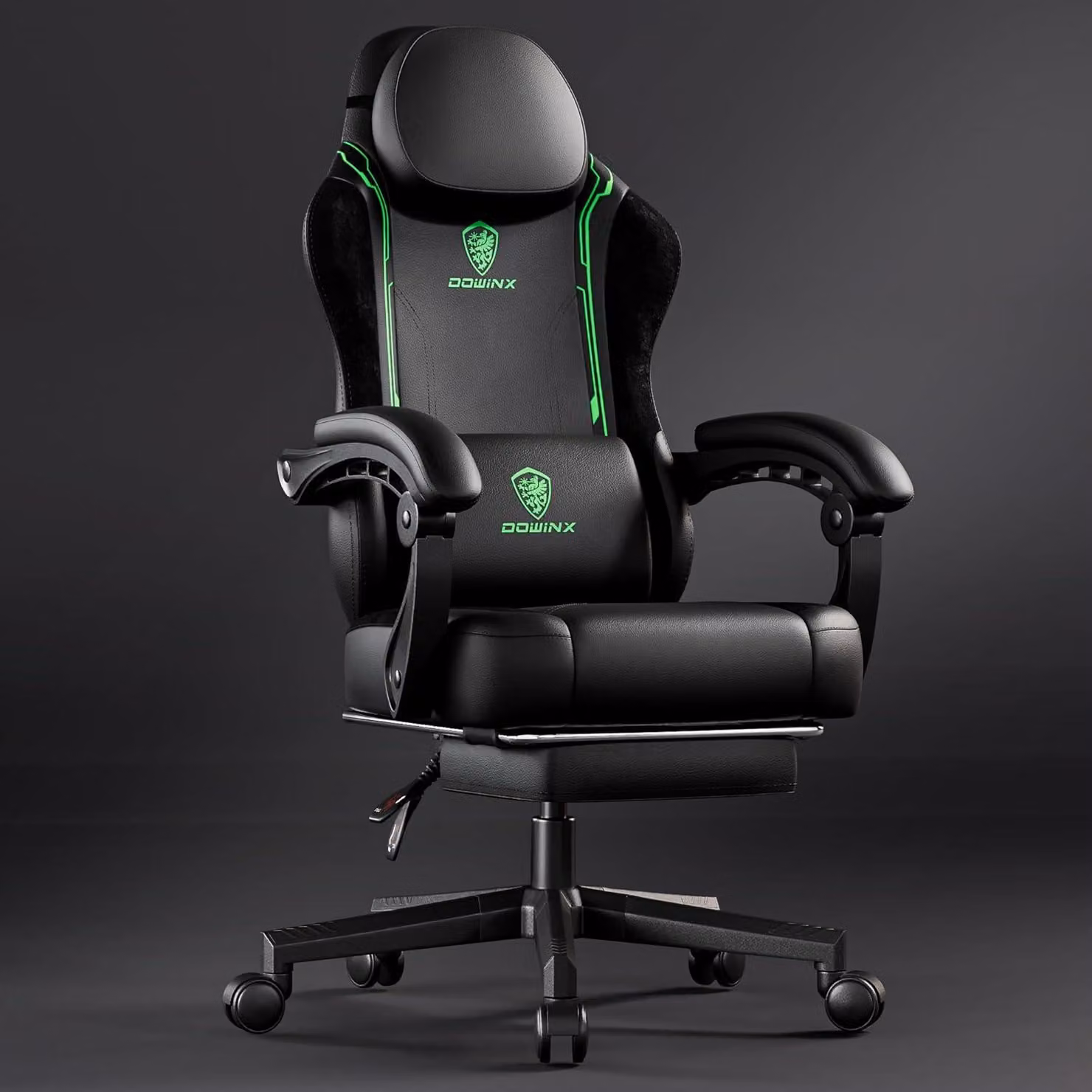 Sedia da gaming ergonomica con supporto lombare e poggiatesta extra largo, rivestita in ecopelle, colore verde
