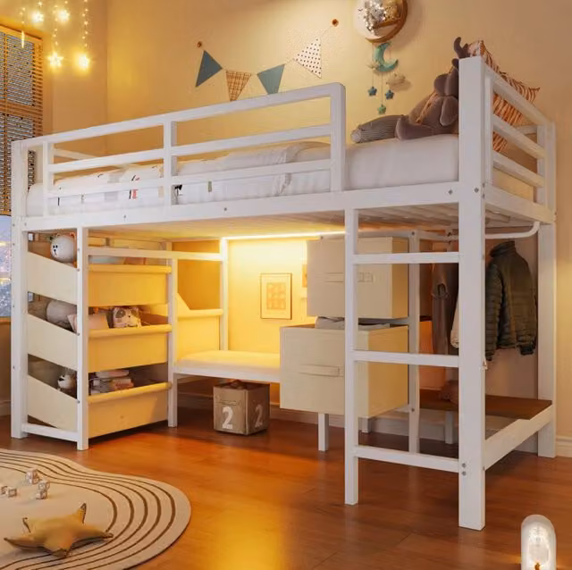 Letto a soppalco 90x200 cm in metallo con LED multicolore, cuscino seduta e capienti cassetti in tessuto, bianco
