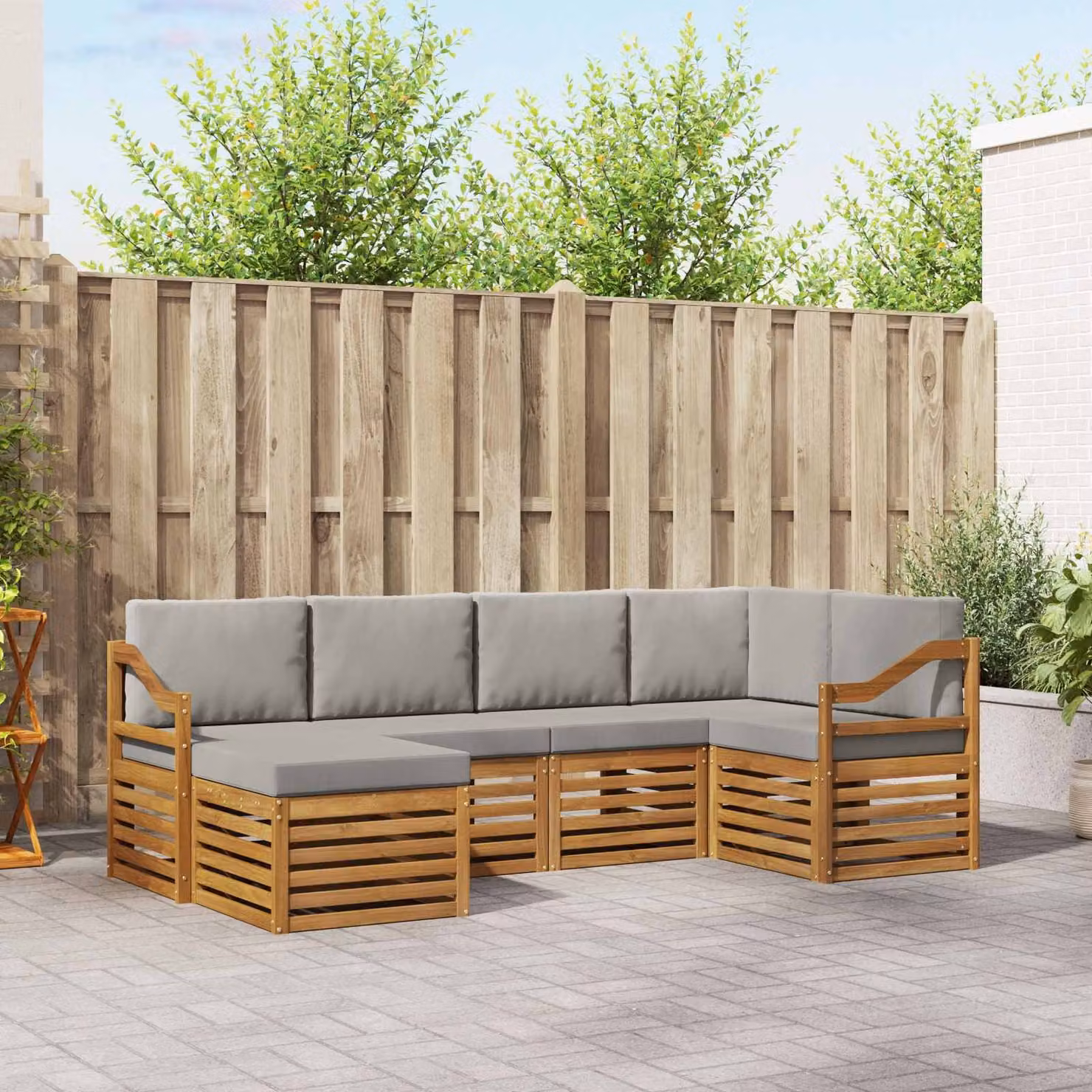 Set di divani da esterno vidaXL a forma di L composto da 6 pezzi in legno di acacia con cuscini inclusi, colore grigio e marrone