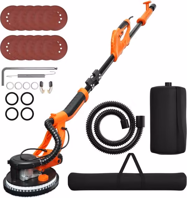 Levigatrice a muro HELLOSHOP26 con aspiratore automatico di polvere, design ergonomico in alluminio, colore nero e arancione, 750W, L/P/H: 25 x 15,5 x 165 cm