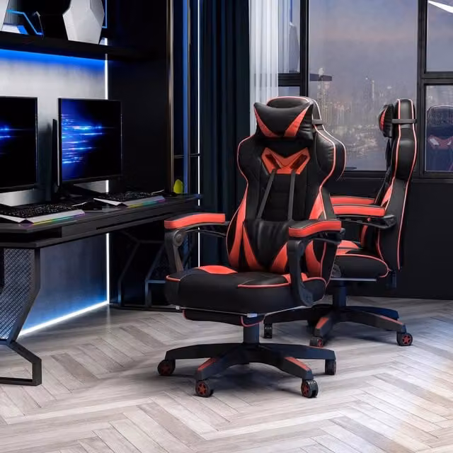 Sedia da gaming 65x70x118.5-128.5 cm con schienale reclinabile e poggiapiedi in pelle PU nera
