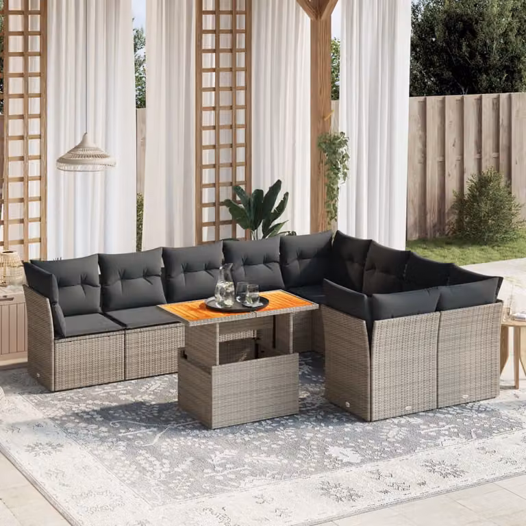 Set Divano da Giardino vidaXL 10 pz in Polyrattan Grigio con Cuscini e Tavolino da Esterno