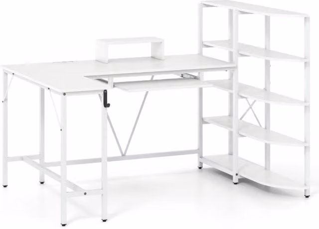 Scrivania angolare per computer con stazione di ricarica gancio per cuffie e vassoio per tastiera, Scrivania a forma di L con ripiani Bianco