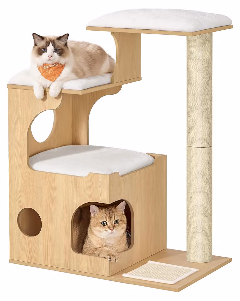 Albero per gatti Feandrea, alto 88 cm, con cuccia e aree relax – color mandorla