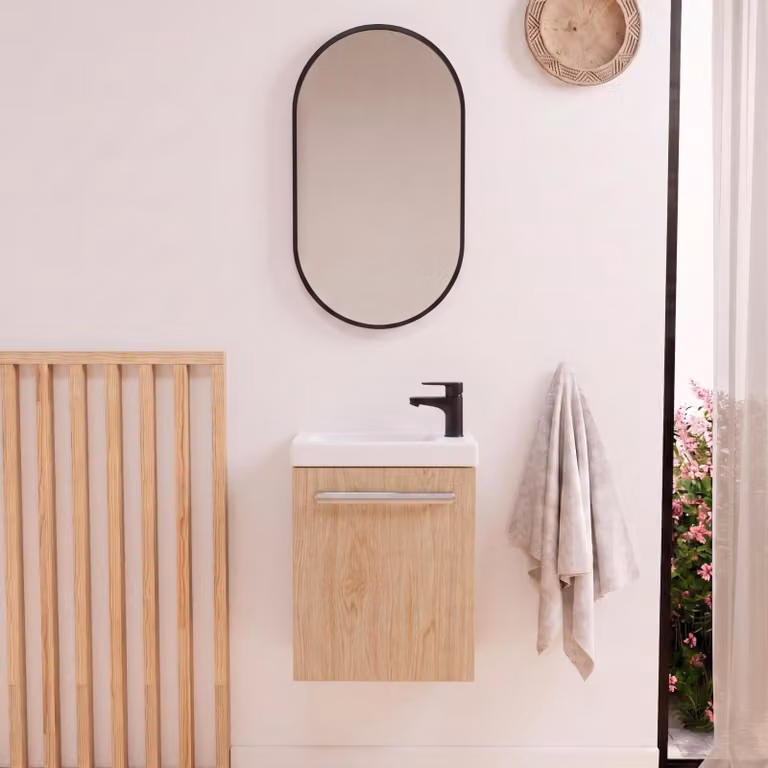 Set lavabo sospeso Nevada con rubinetto nero e specchio ovale