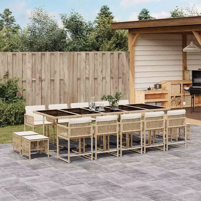 vidaXL Set da Pranzo da Giardino 15 pz in Polyrattan con Cuscini Beige e Piano in Vetro