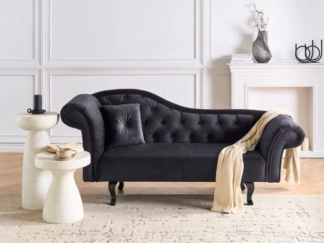 Chaise Lounge BELIANI in velluto nero con cuscino, stile retrò classico, lato sinistro, L/P/H: 192 x 59 x 81 cm – 1