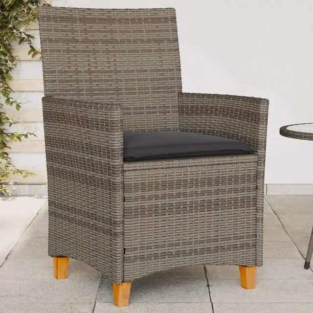 Set di 2 sedie da giardino vidaXL in polyrattan e legno di acacia con cuscini grigi e braccioli