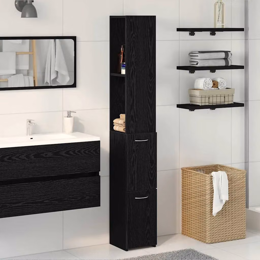 Mobile da bagno moderno vidaXL in legno nero opaco con ante e ripiani, L/P/H: 25 x 25 x 170 cm