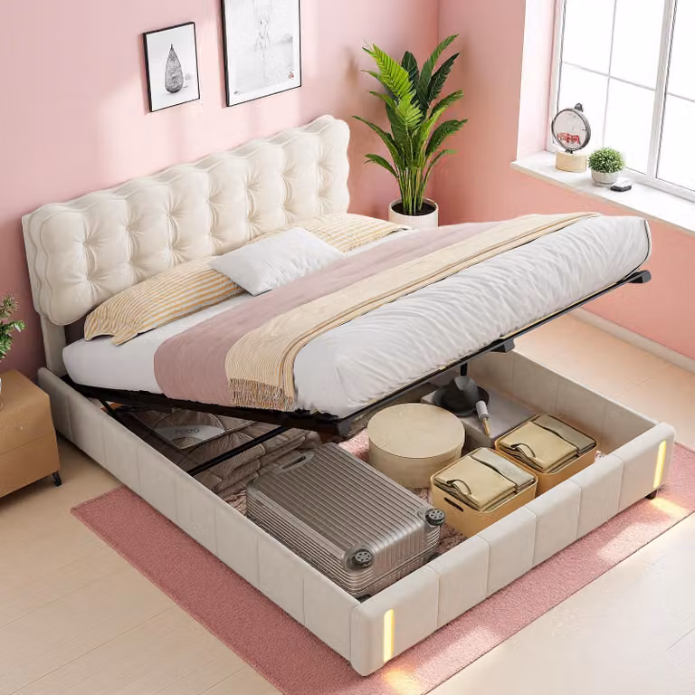 UnboxG Letto imbottito 140x200 cm, letto contenitore in velluto – beige, letto matrimoniale con funzione a gas, testiera con sensore di movimento LED