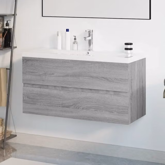 Mobile Bagno e Lavabo Integrato-Lavandino-Armadietto da bagno Grigio Sonoma Legno Multistrato 132299