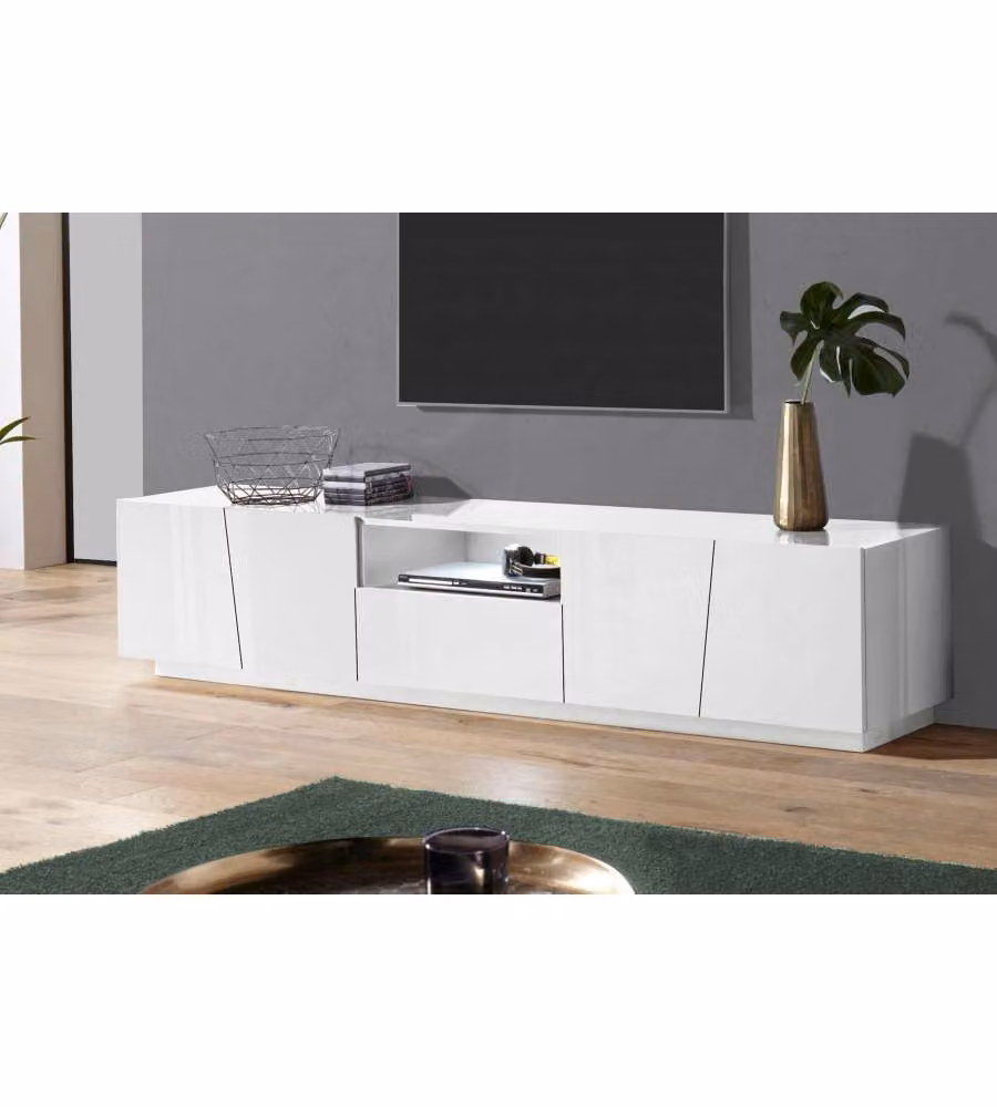 Mobile Porta TV Design 4 Ante Vano Cassetto Scorrevole Bianco Vega Low XL