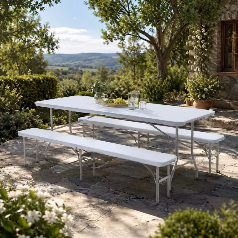 Tavolo da buffet Strattore set tenda da birra pieghevole con tavolo e 2 panche - in plastica in bianco