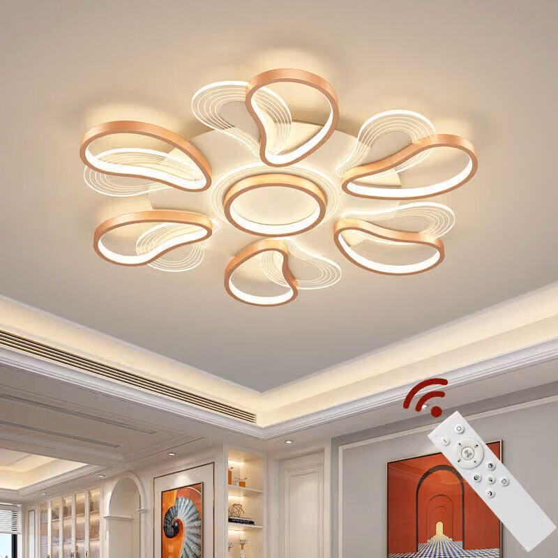 Lampada da soffitto a LED 2139-6MS, 82 cm, struttura in metallo laccato oro rosa, telecomando, colore della luce e luminosità regolabili, dimmerabile, lampada da soggiorno, lampada da soffitto