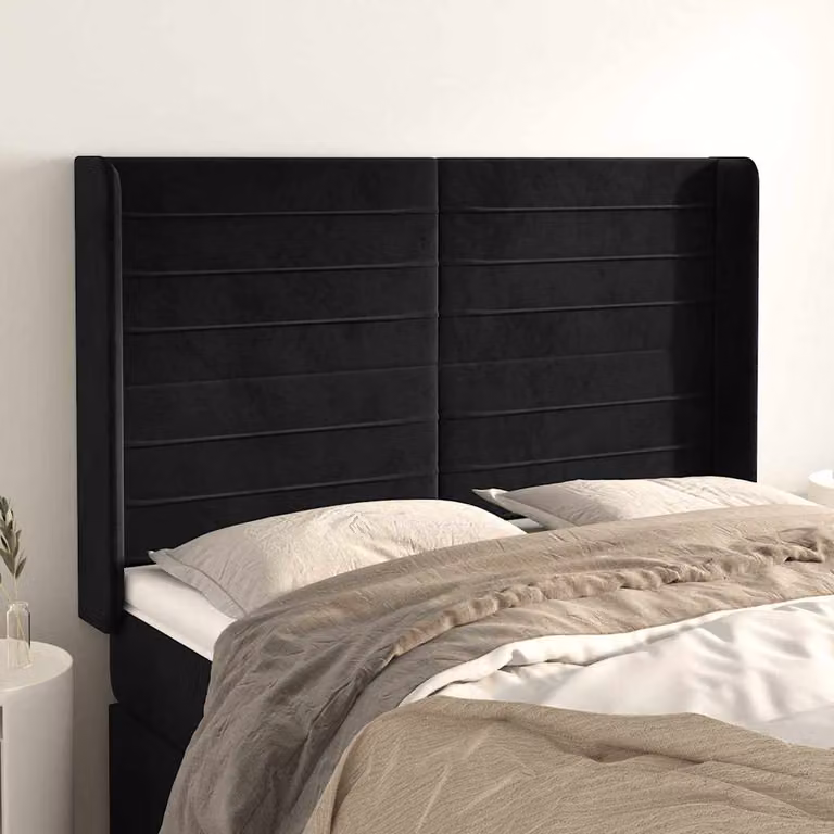 Testiera per letto vidaXL in velluto nero con design ad orecchio, L: 147 cm, P: 16 cm, H: 118-128 cm