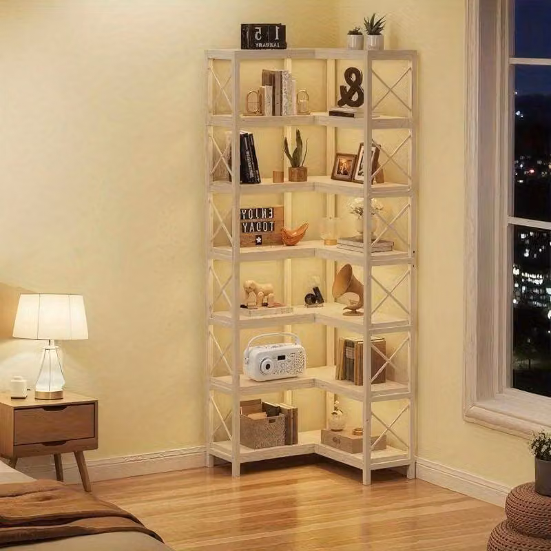 Libreria angolare - Scaffale per libri - Mobile contenitore - Realizzato in legno e metallo robusti - Modello a L, colore bianco