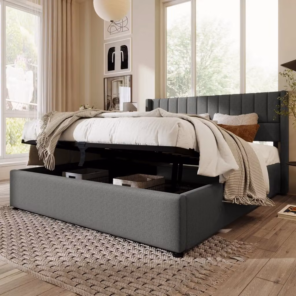 Letto Contenitore Idraulico REDOM con Struttura Imbottita in Lino Grigio e Beige L/P/H: 140 x 200 cm – 2