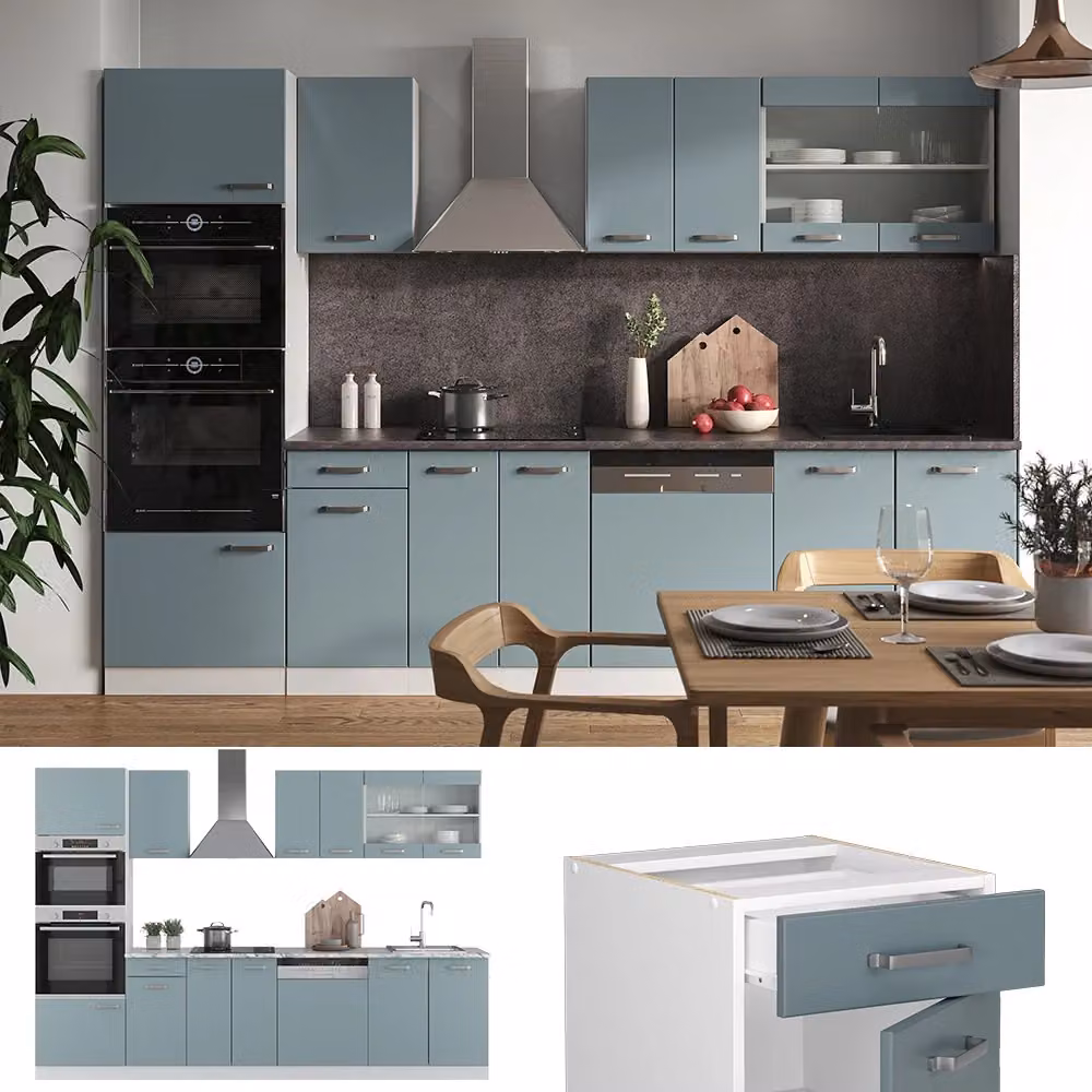 Cucina componibile moderna R-Line Vicco, colore Grigio-blu/Bianco con dettagli Rovere, L: 300 cm, H: 206,8 cm, P: 60 cm – 2
