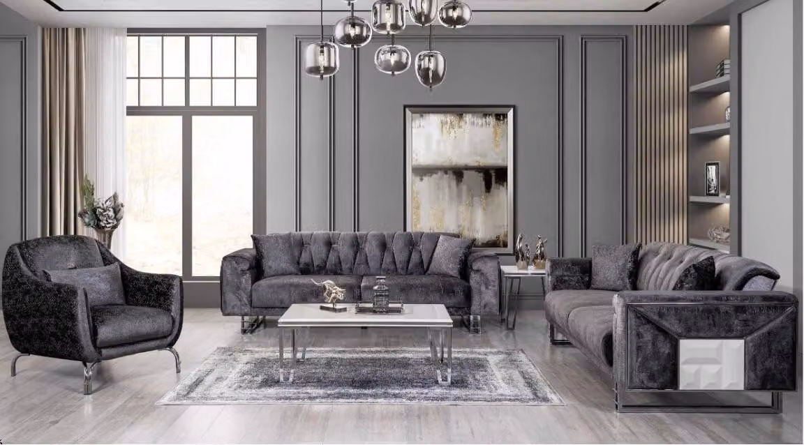 Sofagarnitur 3+3+1 Sitzer Couchtisch Beistelltisch Modern Schwarz Komplett