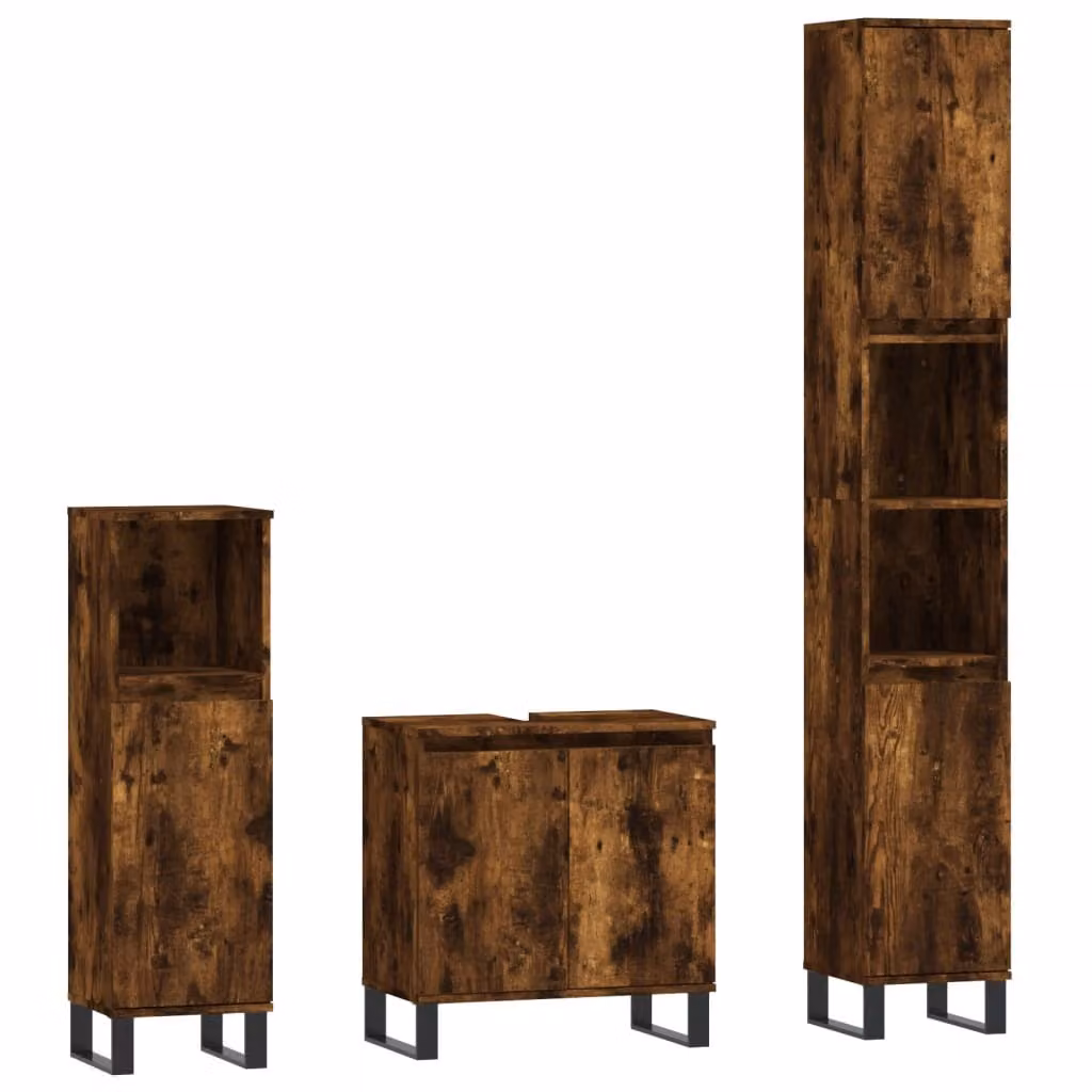 Set Mobili da Bagno 3 pz Rovere Fumo in Legno Multistrato