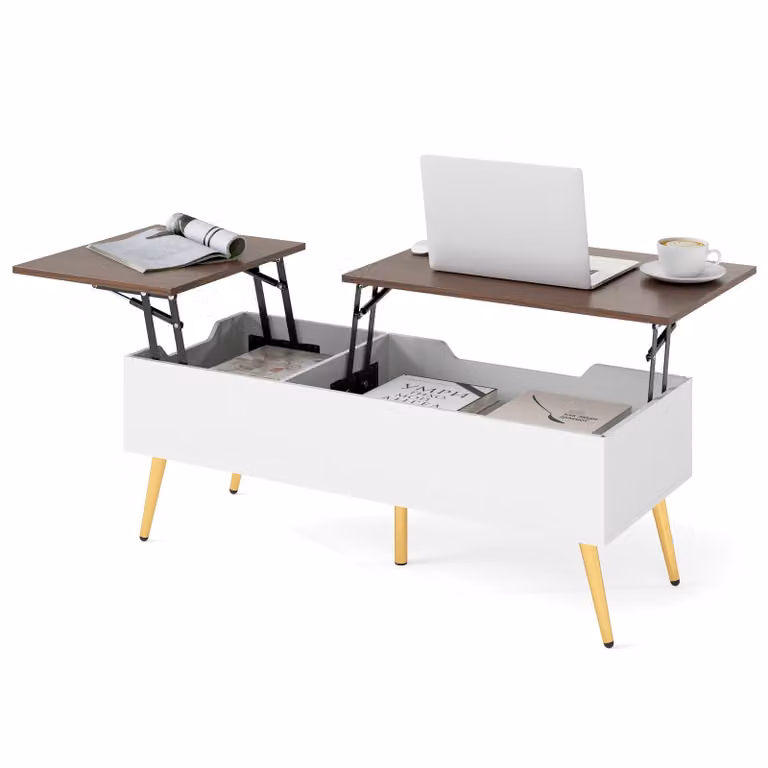 Tavolino COSTWAY con piano sollevabile, tavolino centrale con 2 vani portaoggetti nascosti, tavolo da lavoro ribaltabile con gambe in metallo 111 x 48 x 40-53,5 cm noce