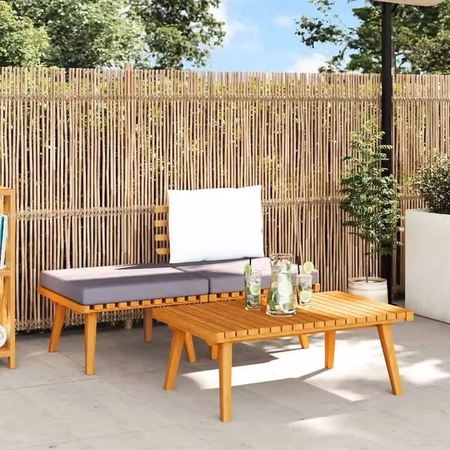 Set Salotto da Giardino in Legno di Acacia con Divano a 3 Posti, Tavolino e Pouf con Cuscini in Tessuto Grigio e Bianco – 1