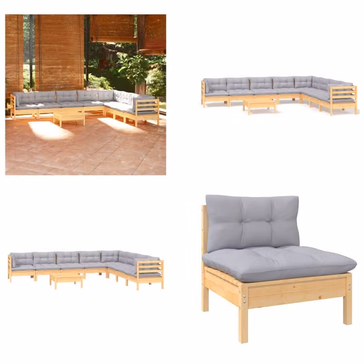 vidaXL Set salotto da giardino 9 pezzi con cuscini grigi in pino massiccio - Set salotto da giardino - Set salotto da giardino - Set mobili da giardino - Set mobili da giardino