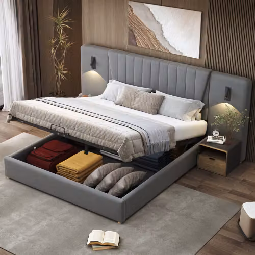 Letto boxspring MODFU idraulico 180 x 200 cm con lampada da lettura orientabile e porta USB, letto imbottito funzionale con schienale allungato, velluto grigio (senza materasso)