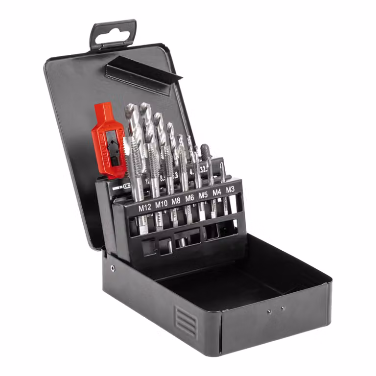 Set di utensili per filettare STIER, 15 pezzi, M3-M12 forma B HSS-G, con utensile di supporto in zama di alta qualità 5
