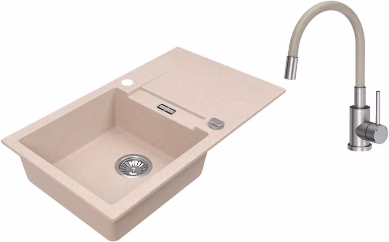 VBChome Lavello in granito 76 x 44 cm Beige con rubinetto flessibile Lavello da incasso a vasca singola Reversibile Speckled Lavello di facile manutenzione con sifone