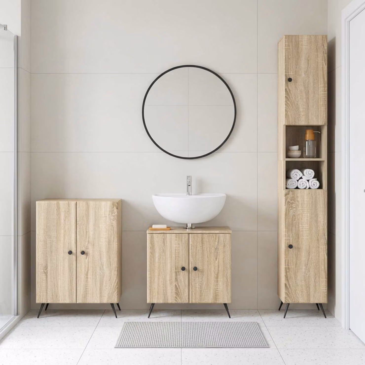Set di armadietti da bagno 3 pezzi vidaXL BREDA Rovere Sonoma marrone L/P/H: 190 x 52,65 x 31 cm