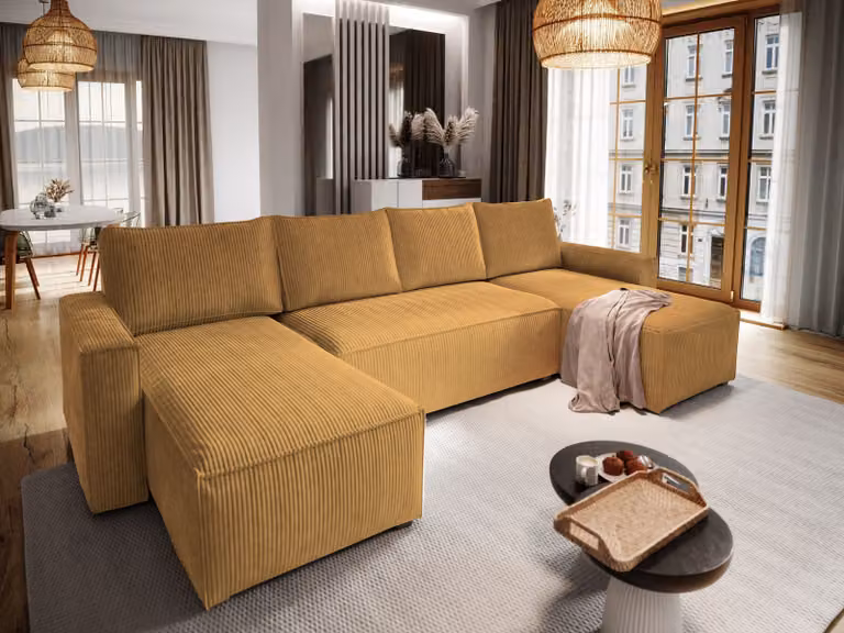 Divano angolare Masseno ASPRA con funzione letto a U, divano con box letto, divano da salotto, divano, divano, divano letto, set di divani - giallo, POSO 01