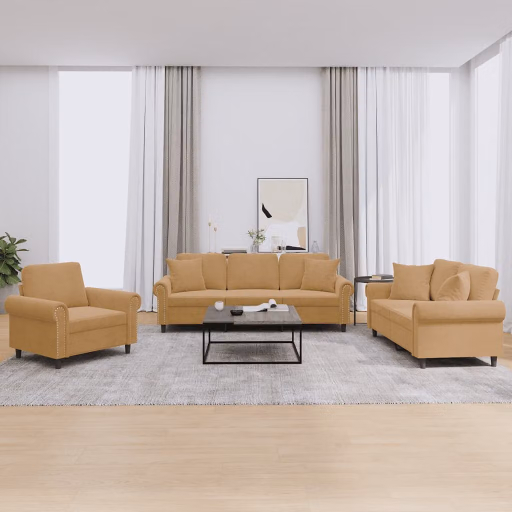 SYFAX™ Set di Divani 3 pz con Cuscini Marrone in Velluto