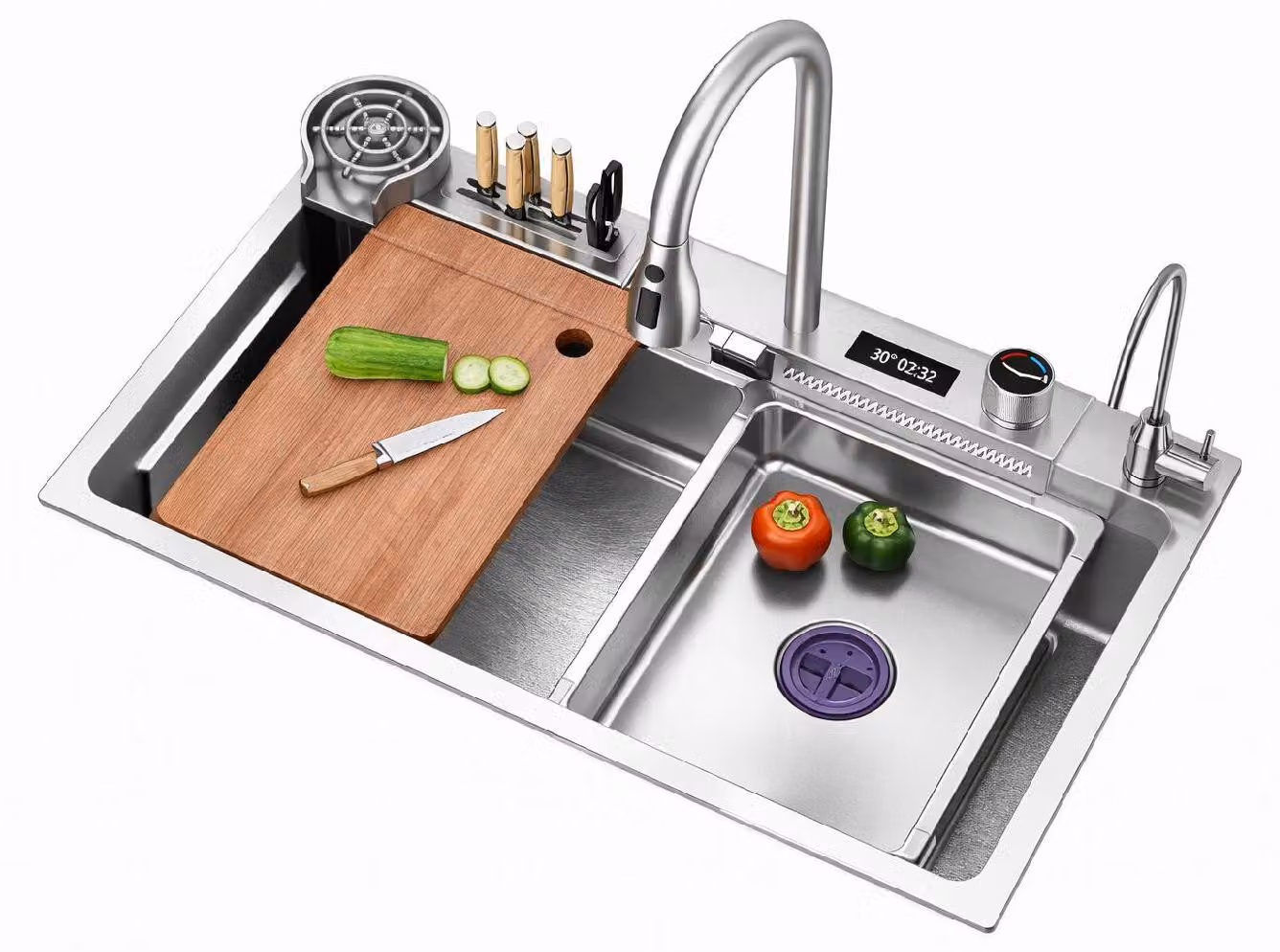 Domotechnika | Lavello da cucina - 75x45 cm - Acciaio inossidabile - Indicatore di temperatura - Attacco idraulico - Con rubinetto a 3 vie estraibile
