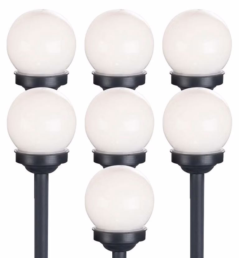 set di 7 globi solari a LED bianchi, picchetto a terra, DxH 10x38 cm