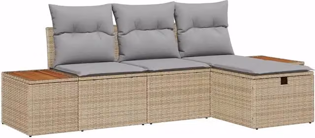 Set Divano da Giardino con cuscino 4 pz | Set Salotto da Giardino Beige polyrattan