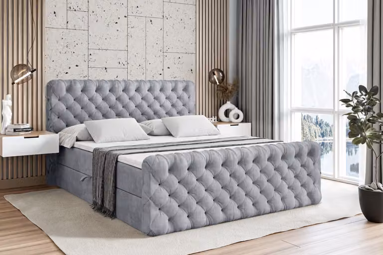 Letto boxspring ALTDECOR con pediera, materasso H4 e topper - 180x200 cm - BOXI8-Z - Velluto grigio chiaro - Letto imbottito con contenitore e rete a doghe, letto con spazio di stivaggio