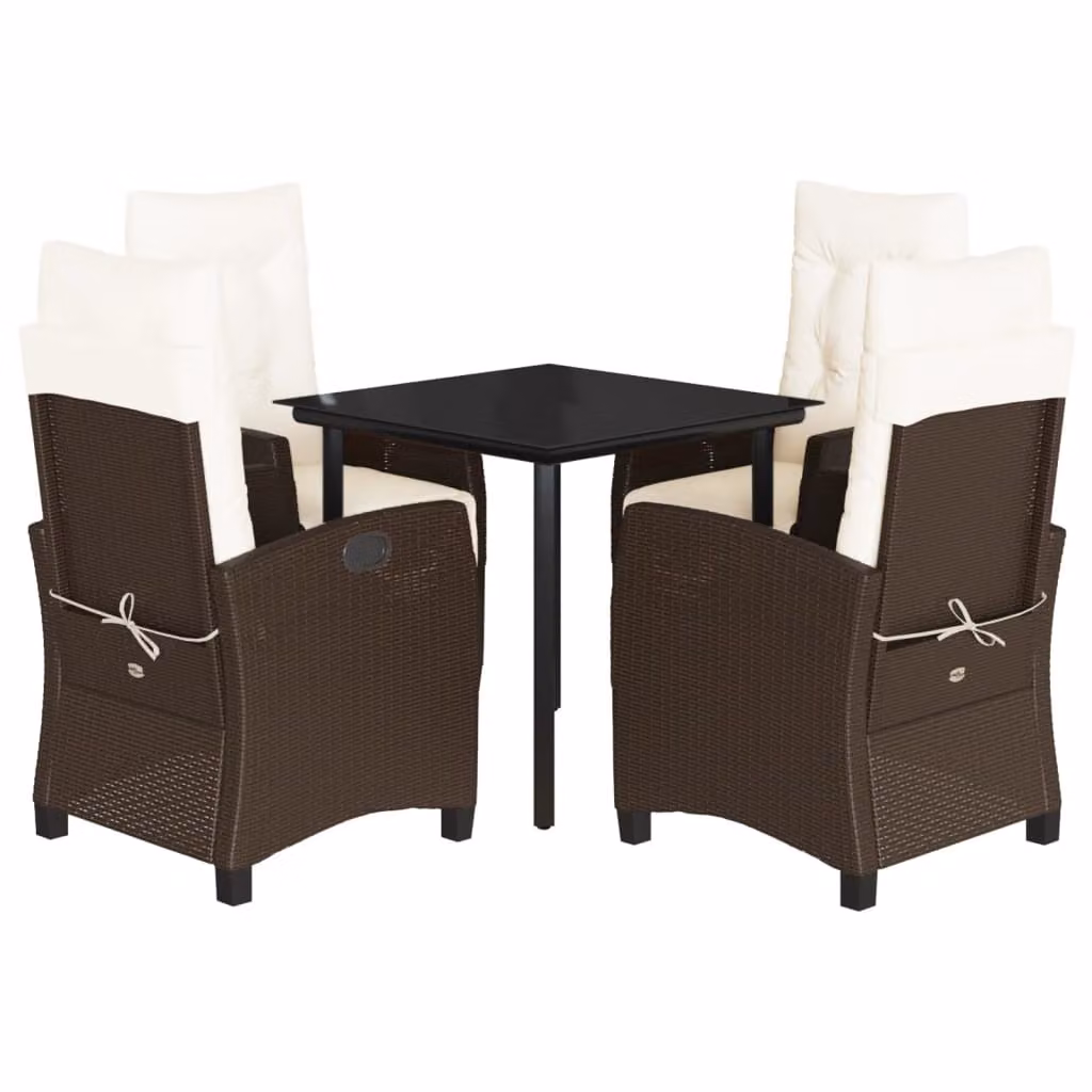 Set da Pranzo da Giardino 5pz con Cuscini in Polyrattan Marrone