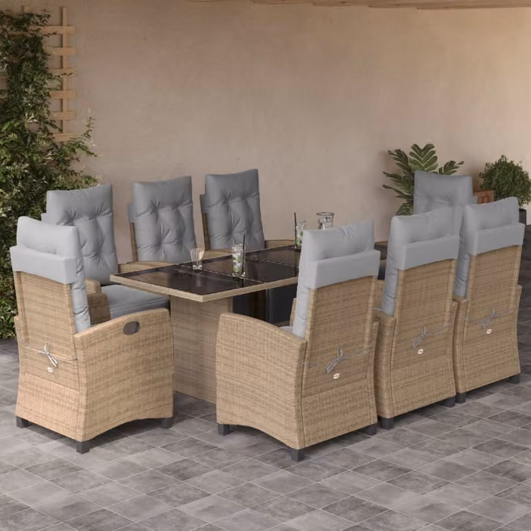 Set Pranzo da Giardino vidaXL in Polyrattan con Cuscini Beige e Grigio, 9 Pezzi