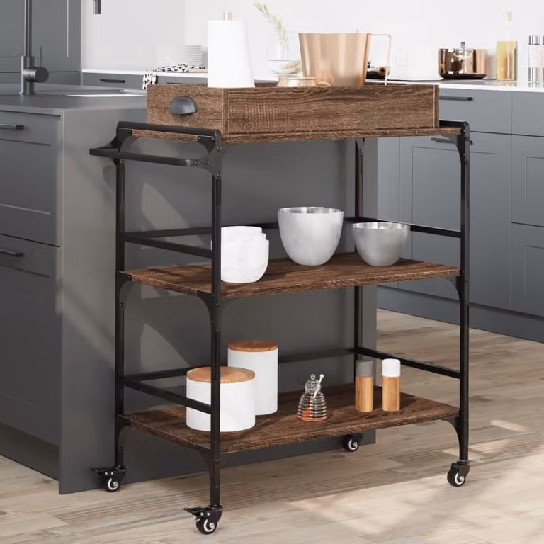 Carrello da cucina vidaXL in legno e metallo stile industriale, colore rovere marrone, L 81,5 x P 41 x H 92,5 cm