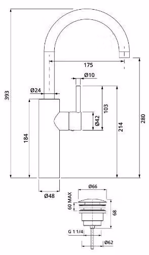 Herzbach DEEP Miscelatore monocomando per lavabo XL-Size con maniglia laterale e scarico PUSH, cromato
