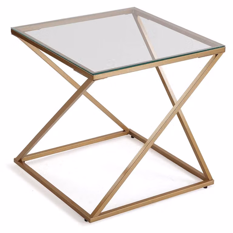 Tavolino da salotto moderno in vetro e metallo, color oro