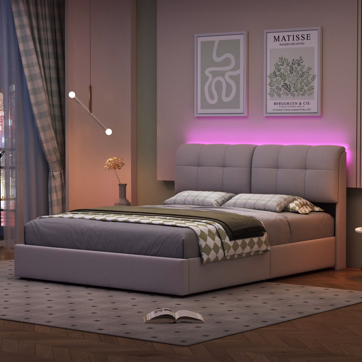 CDGlobal letto imbottito 140 x 200 cm con contenitore, letto matrimoniale LED per giovani con rete, con testata e rete a doghe, mobili da camera moderni, rivestimento in velluto, beige