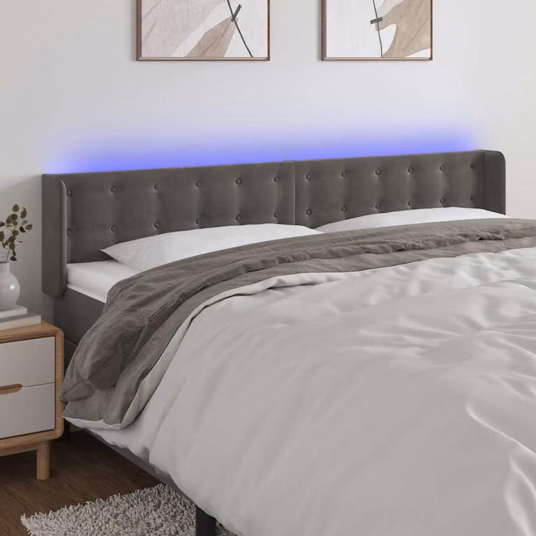 Testiera per letto vidaXL in velluto grigio con illuminazione LED e porta di ricarica USB, L 183 x H 78/88 x P 16 cm
