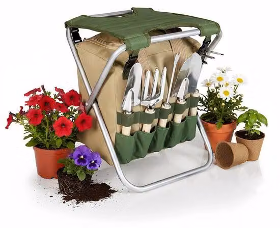 Set di 5 utensili da giardino Unyqoos® per lavori di giardinaggio, che include: una sedia pieghevole con struttura in acciaio robusta, una borsa da trasporto con tasche esterne, utensili con manici in legno e guanti