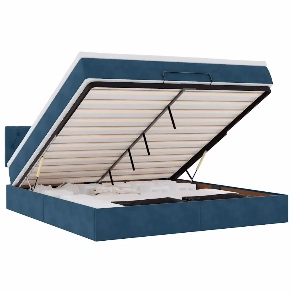 vidaXL Struttura Letto con Materasso e Contenitore a Scomparsa in Velluto Blu e Bianco, L: 180 cm, P: 200 cm, H: 88 cm – 2