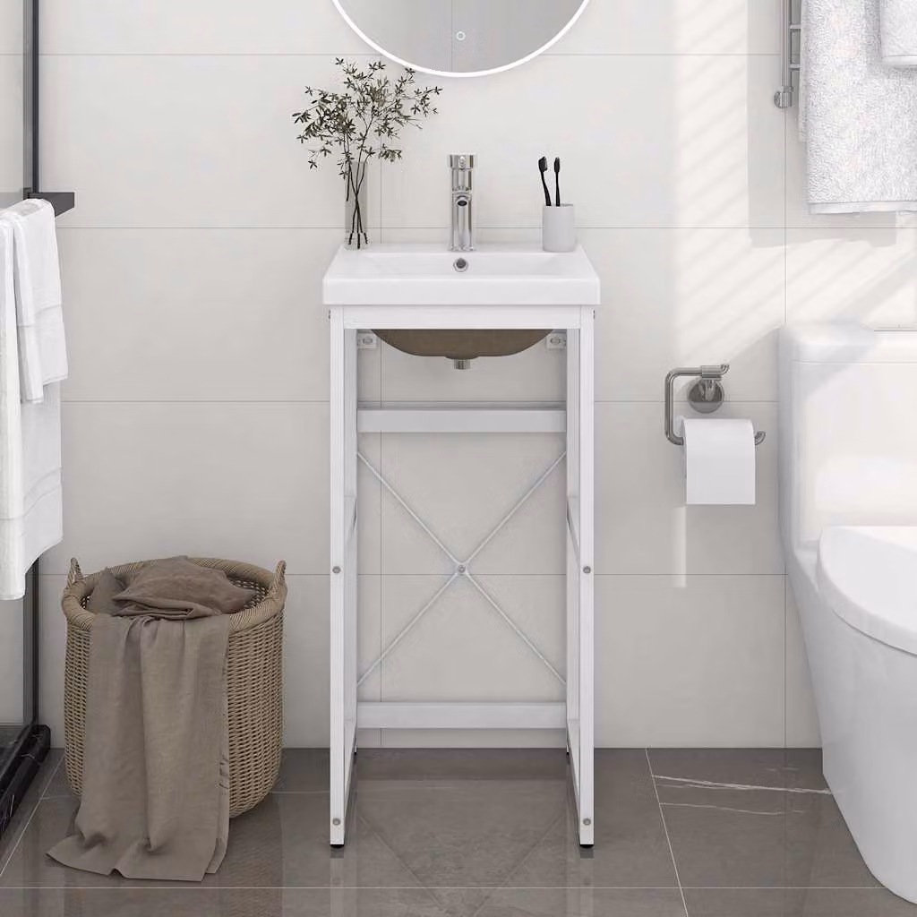 vidaXL Telaio per Lavabo da Bagno con Lavabo Integrato in Metallo e Ceramica Bianca Moderno L: 83 cm, P: 40 cm, H: 38 cm