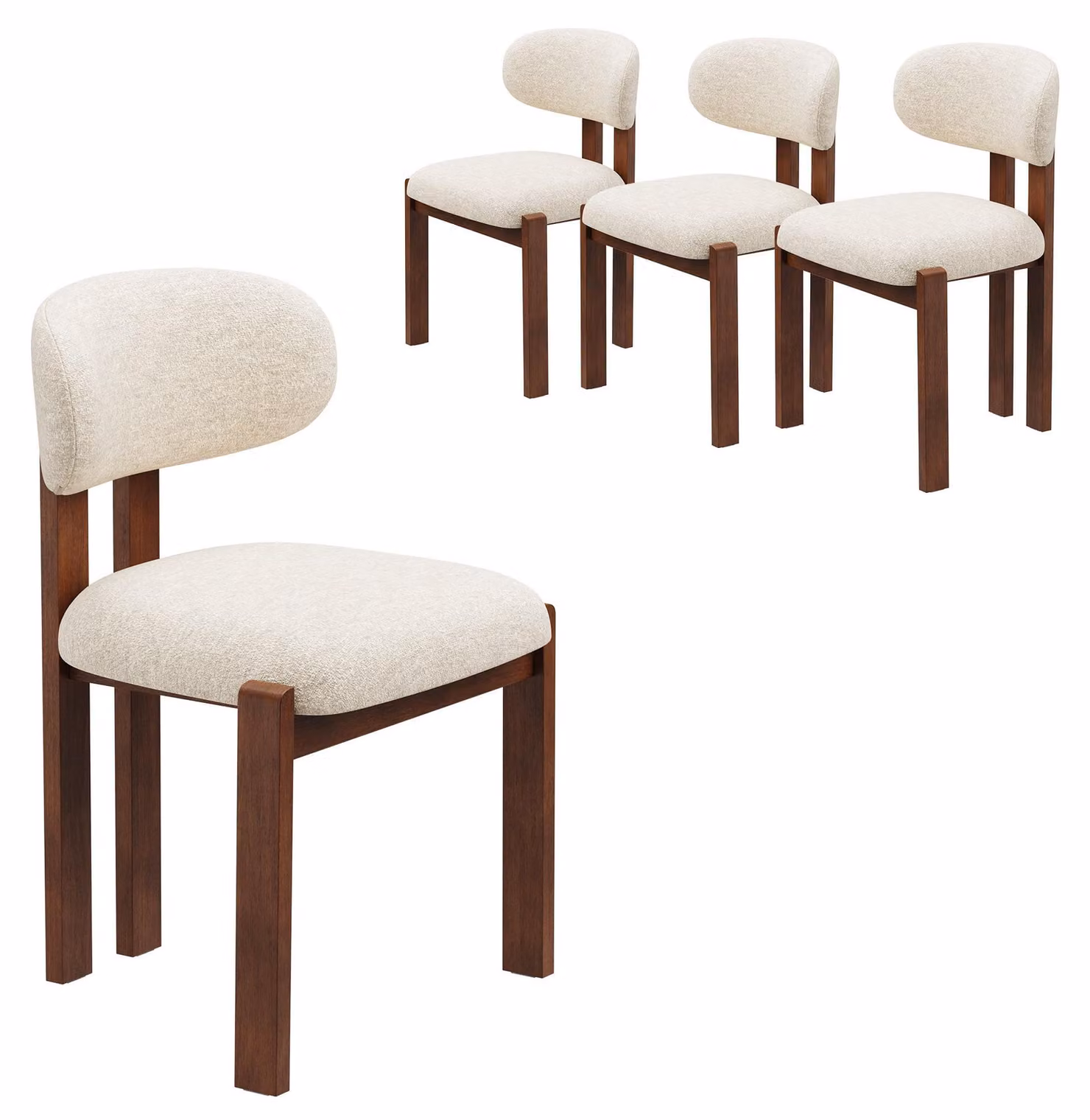 Set di 4 sedie da pranzo in tessuto chenille, struttura in legno massello color marrone, seduta confortevole, stile nordico, colore beige