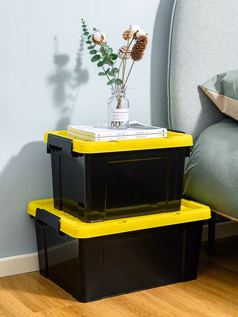 Contenitori di stoccaggio da 65 litri, confezione da 6 pezzi, con coperchio, impilabili, neri e gialli, per utensili